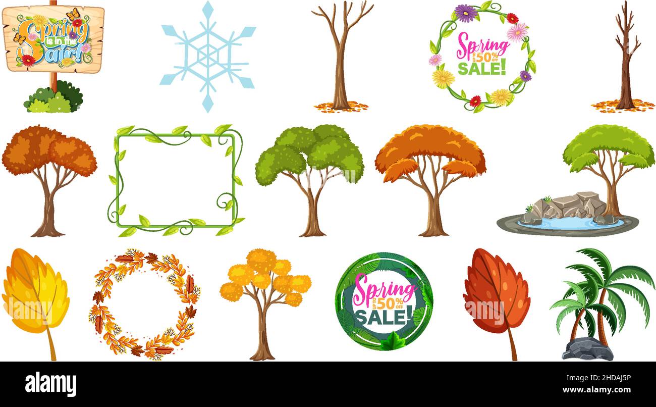 Set of four seasons trees and nature objects illustration Stock Vector ...