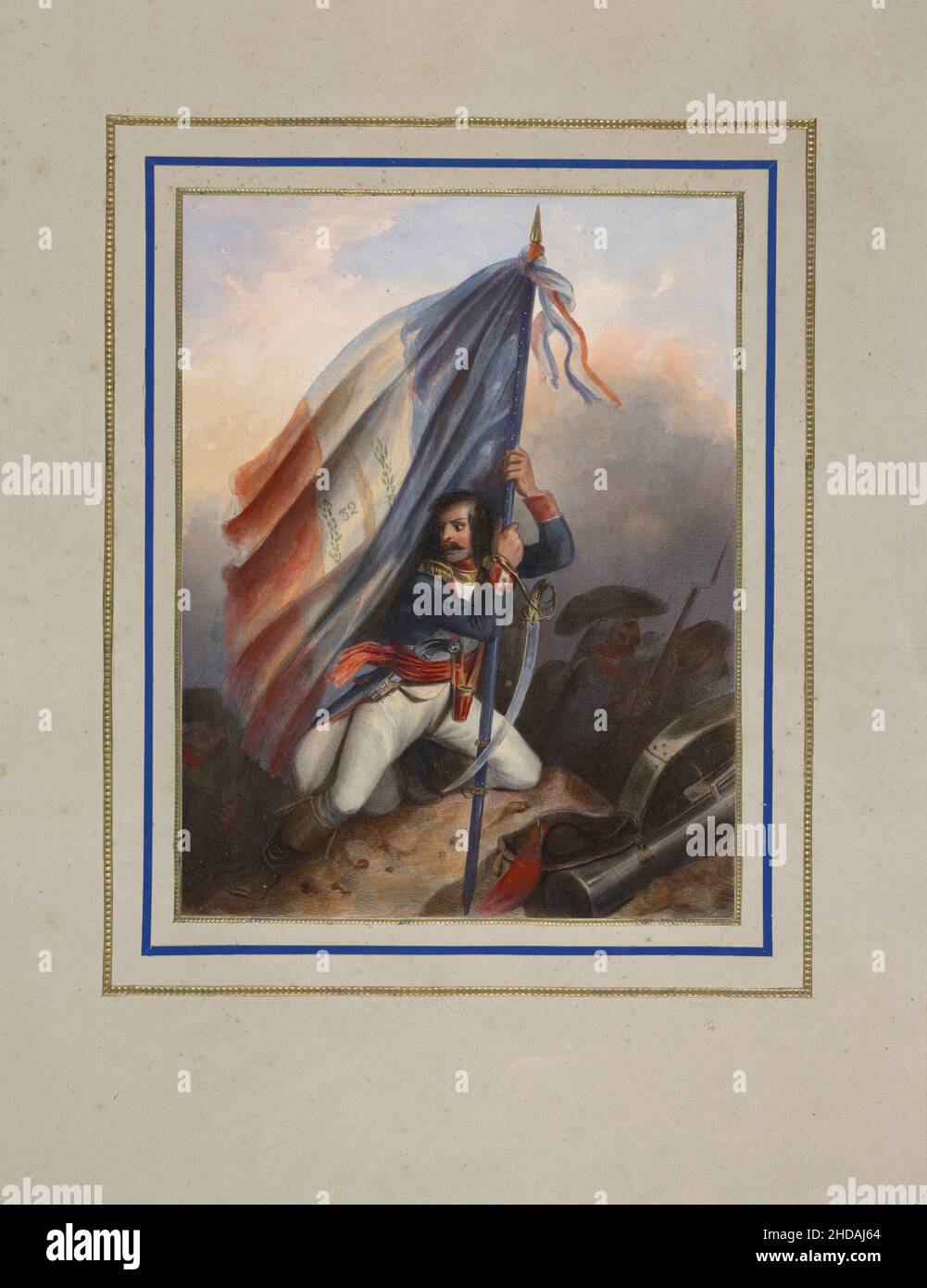 Vintage color lithograph of French Revolution: The Alps, Little St Bernard's Redoubt, revolutionary officer with the banner of the First French republ Stock Photo