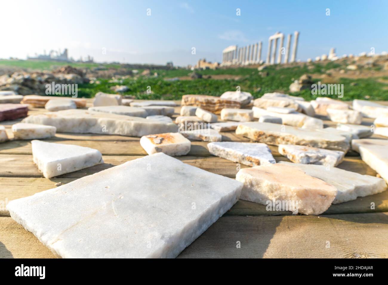 Peaces of marble laying on the table in Laodicea reconstruction site. Historical landmark in Turkey.2019.11.28 Stock Photo