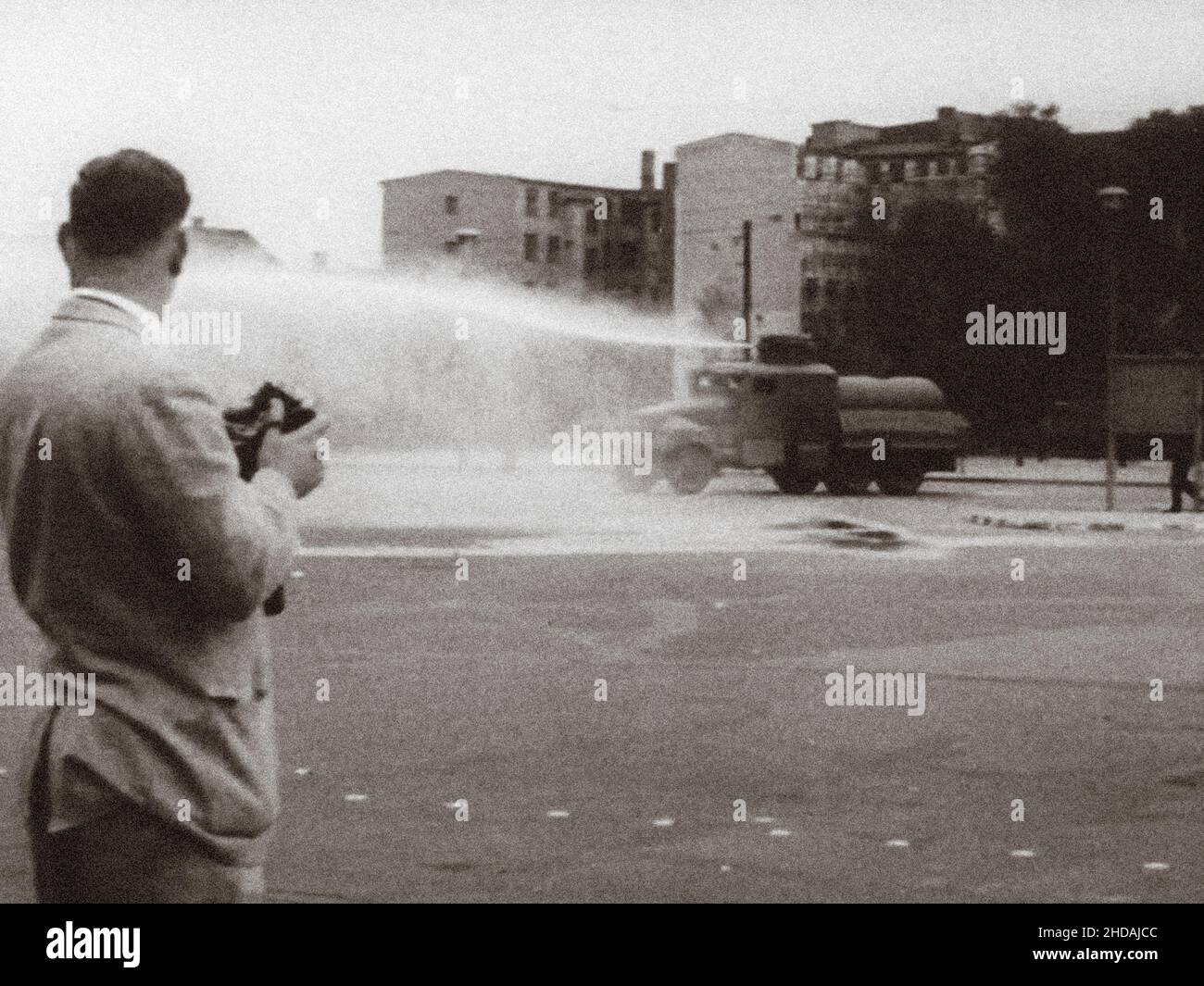 Berlin Crisis of 1961. Serie of archivel photos depicts the August 1961 travel ban between East and West Berlin and shows the building of barricades t Stock Photo