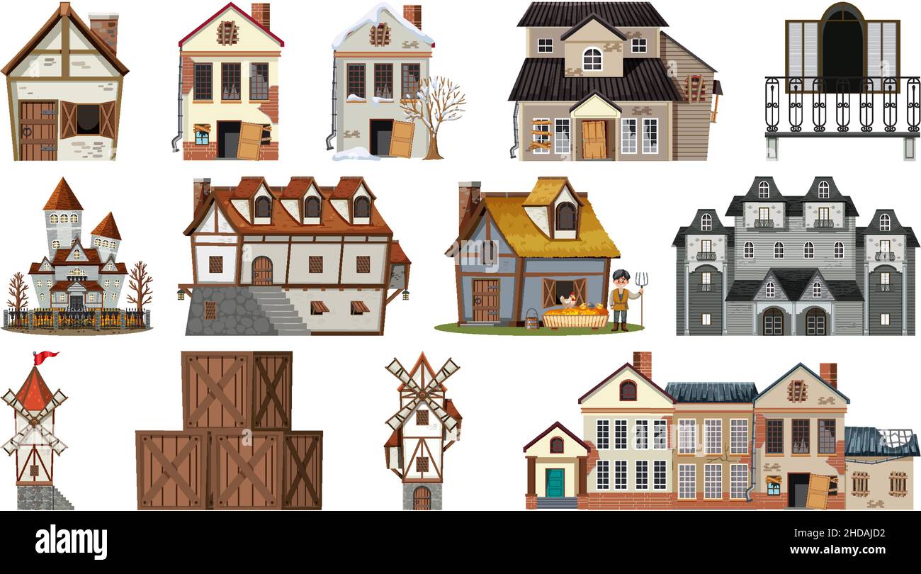 Set of abandoned houses and buildings illustration Stock Vector Image ...