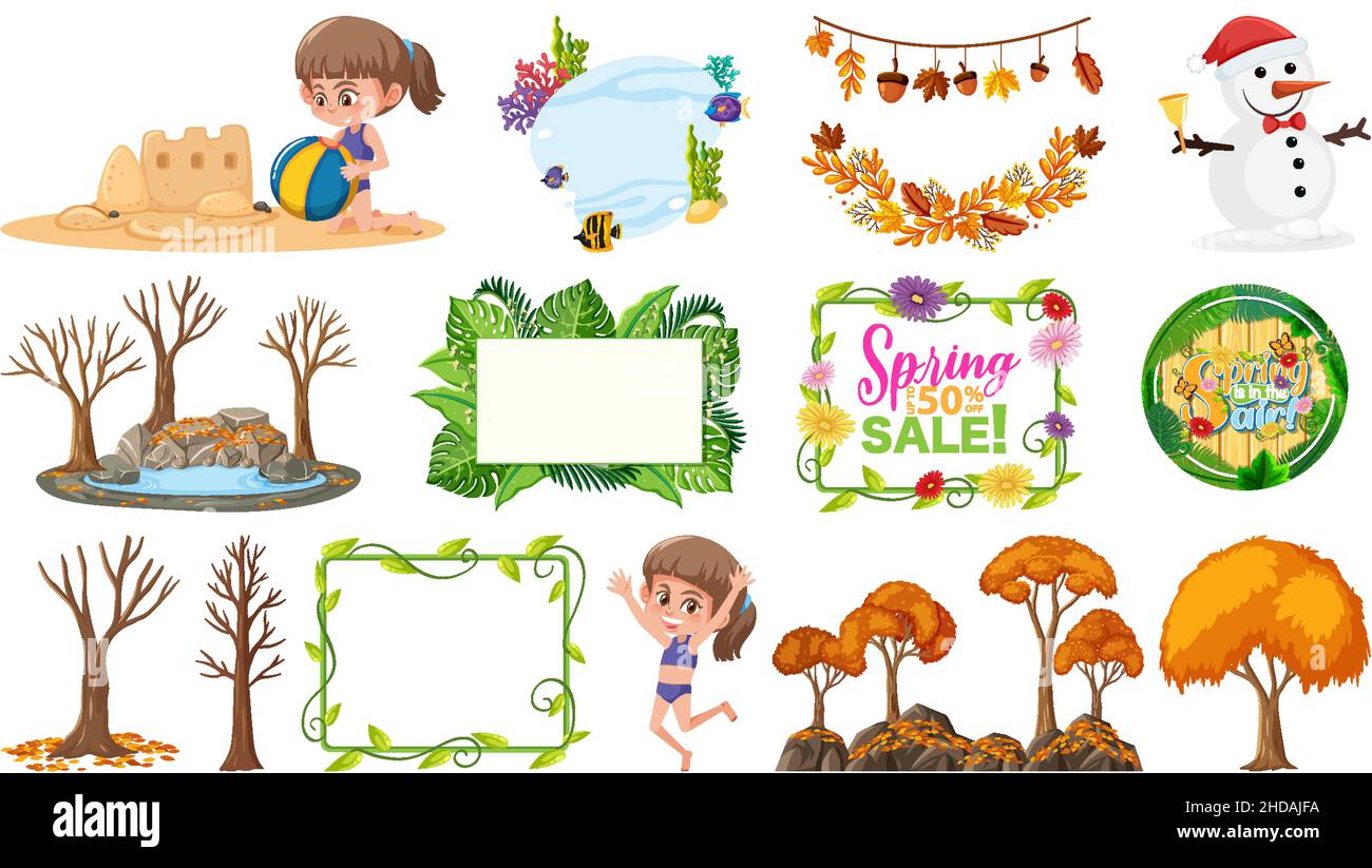 Set of four seasons trees and nature objects illustration Stock Vector ...