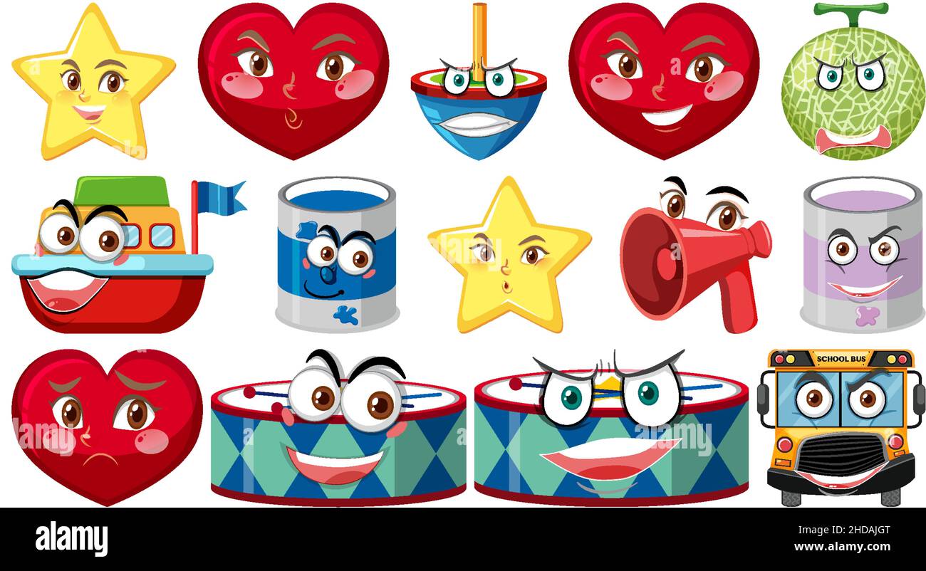 Set of different toy objects with smiley faces illustration Stock Vector