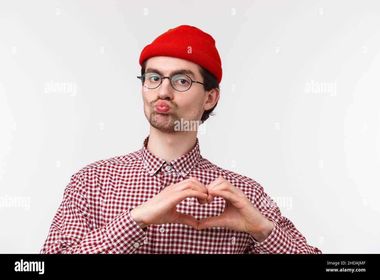 Closeup portrait funny caucasian male with geeky look, wear glasses