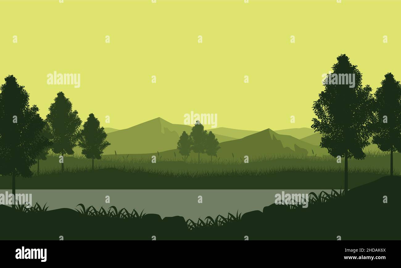 Pdusk Vector Stunning mountain and river views from outside the city at dusk .Vector ...