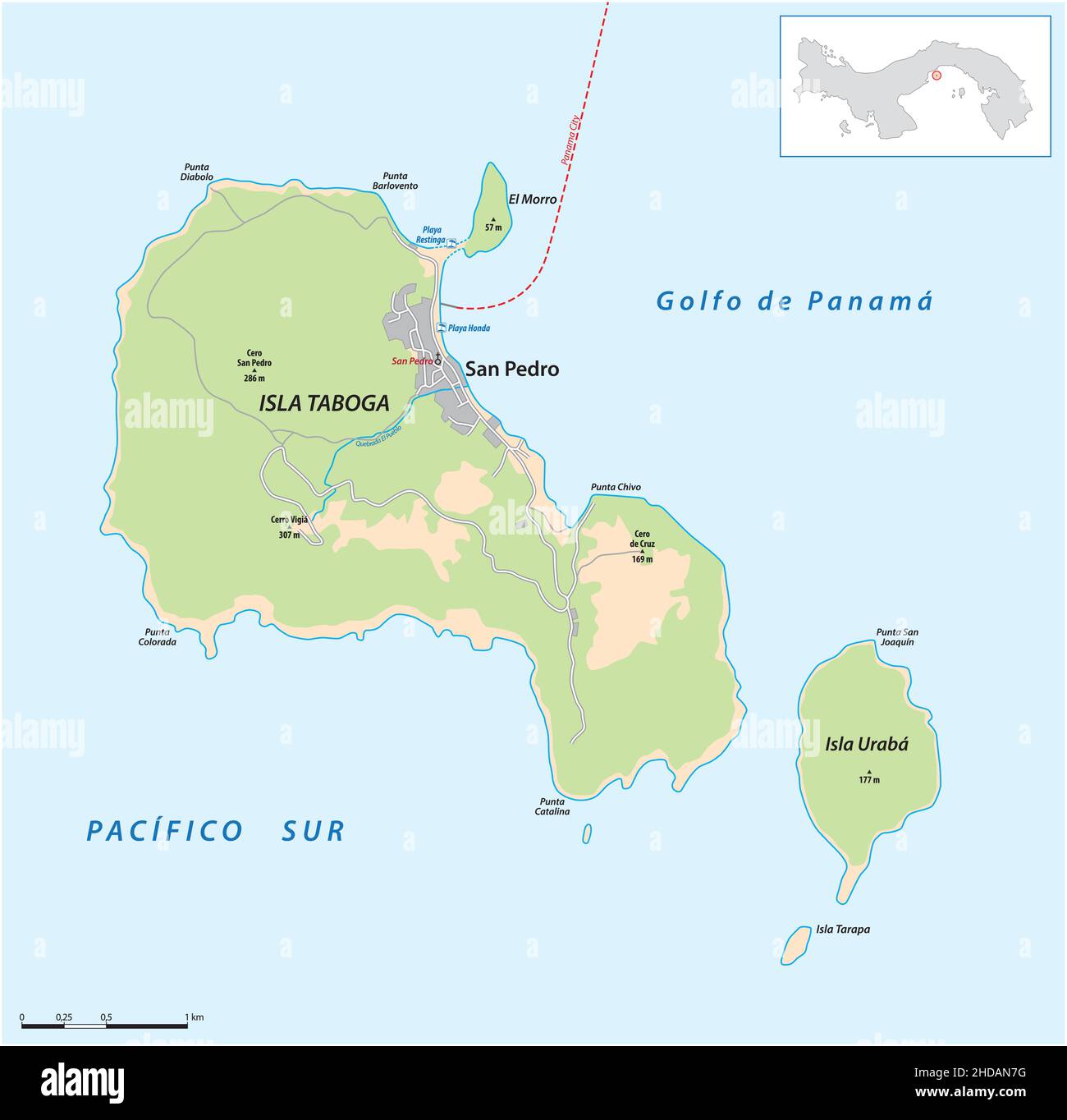 Map of the Panamanian island Taboga in the Pacific Ocean, Panama Stock Vector
