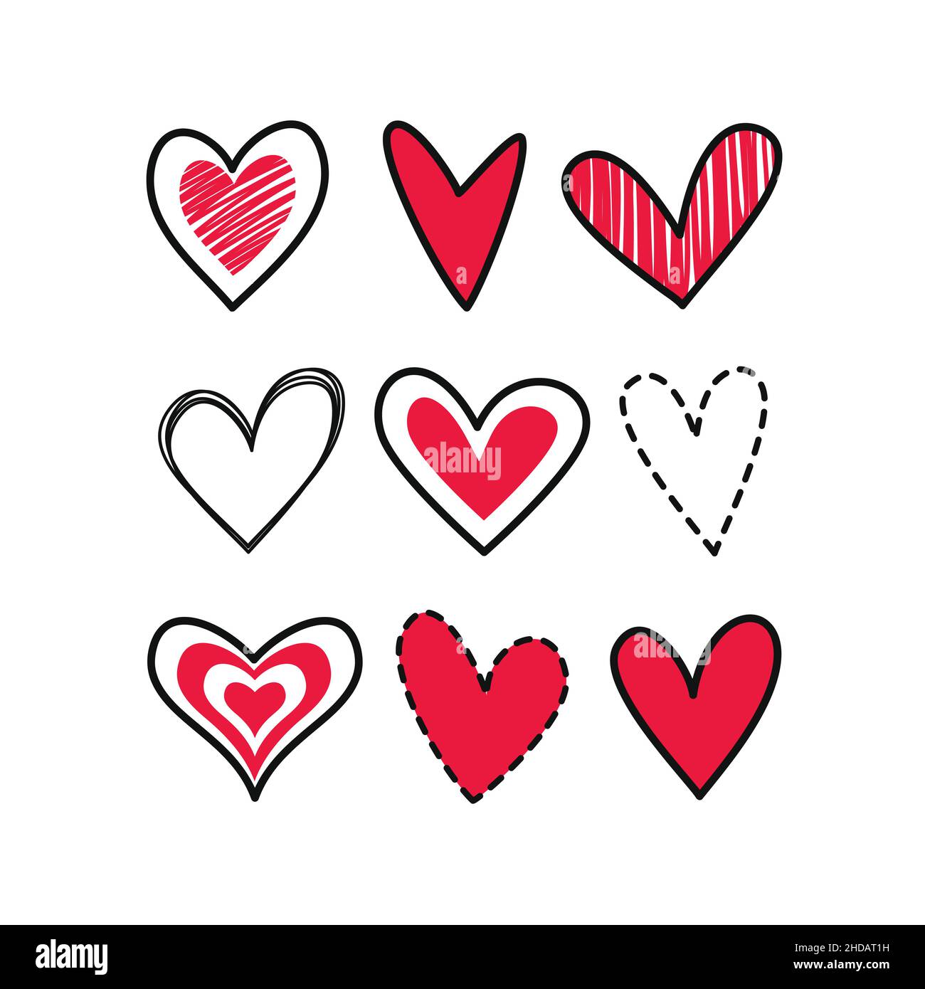 Doodle heart set vector illustration isolated on white background. Stock Vector