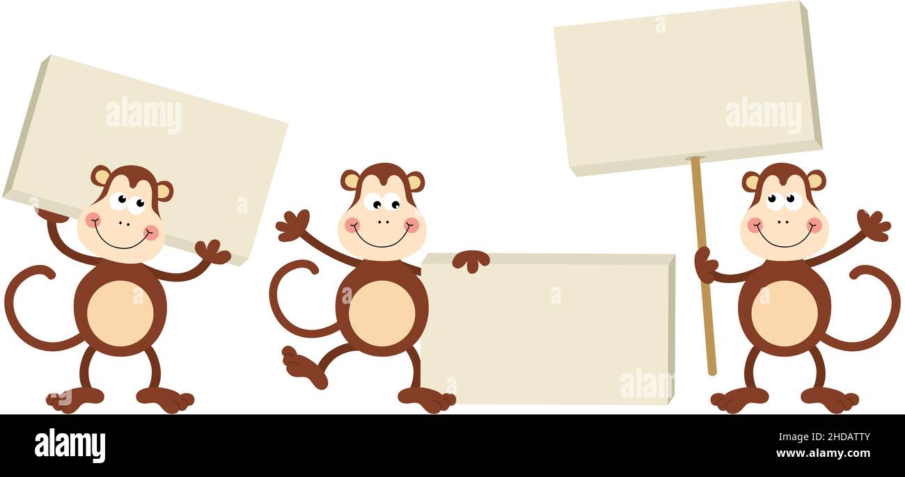 Three cute monkeys with empty sign boards Stock Photo
