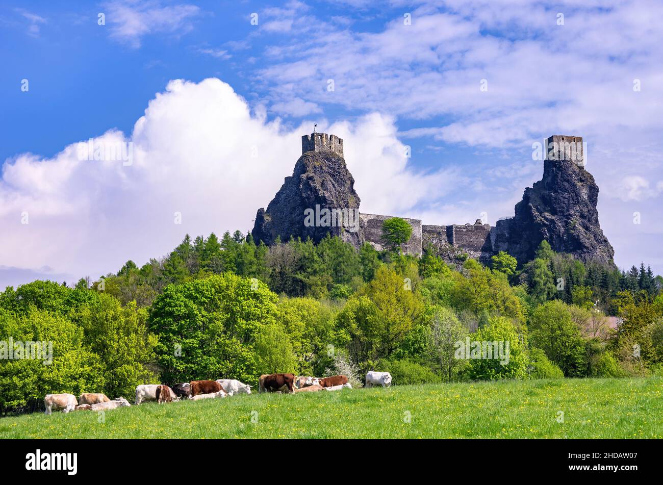 View of Trosky Castle in its scenic rural environment in Rovensko pod Troskami, Bohemian Paradise (Cesky Raj), Kralovehradecky kraj, Czech Republic. Stock Photo