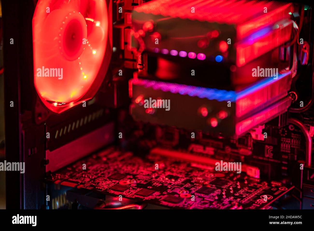 LOS ANGELES, USA 25 APRIL 2021 Gaming pc interior detail illuminated