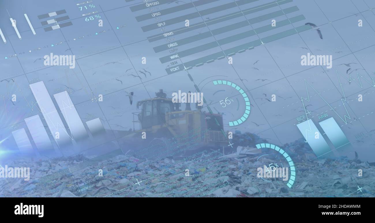 Image of statistics recording over bulldozer in waste disposal site Stock Photo