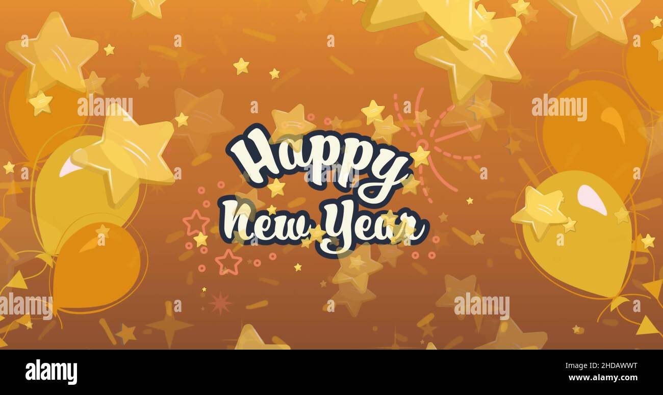Image of happy new year text with yellow stars and balloons on orange ...