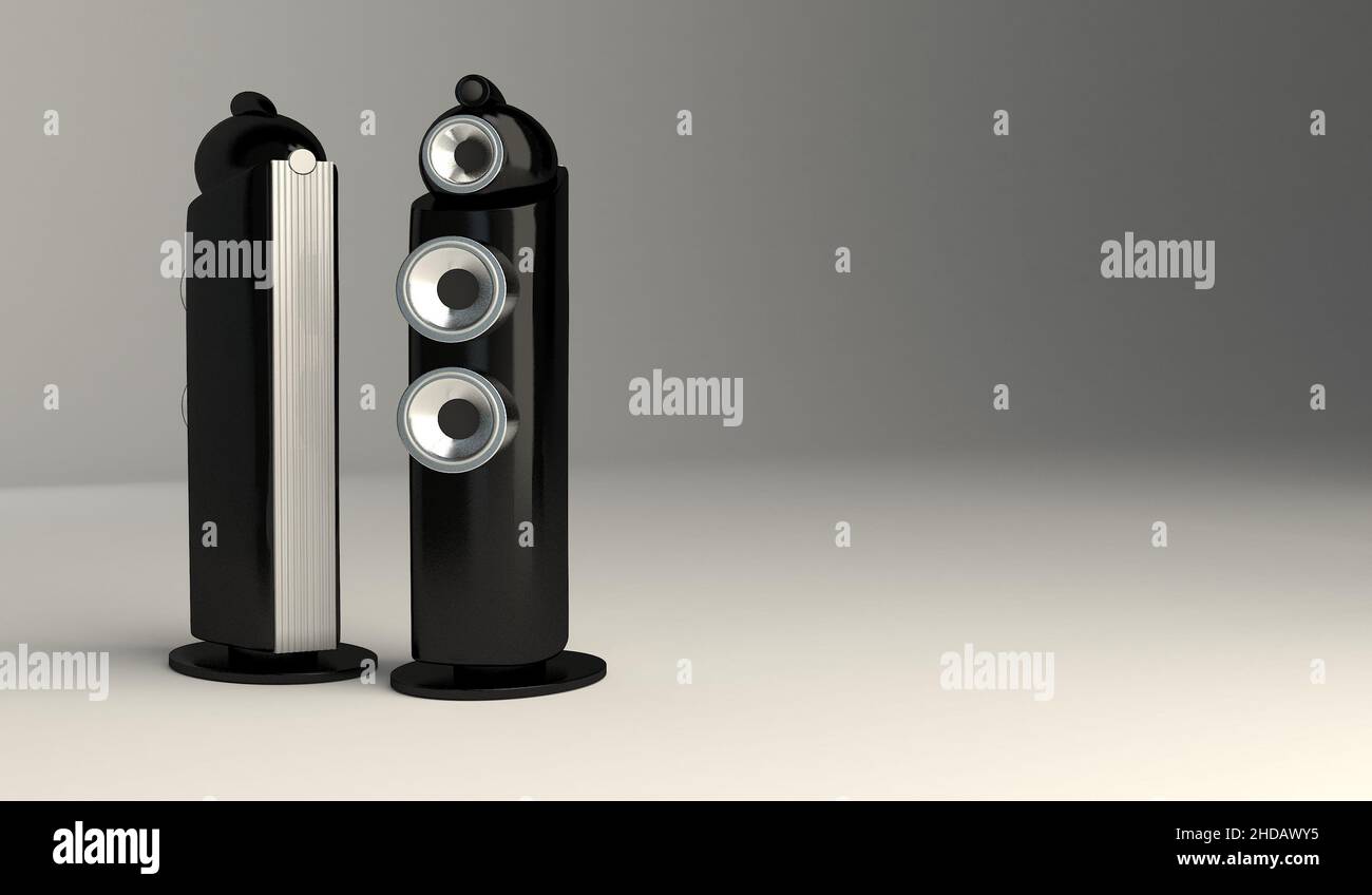 Black floor-standing speakers. 3D rendering Stock Photo