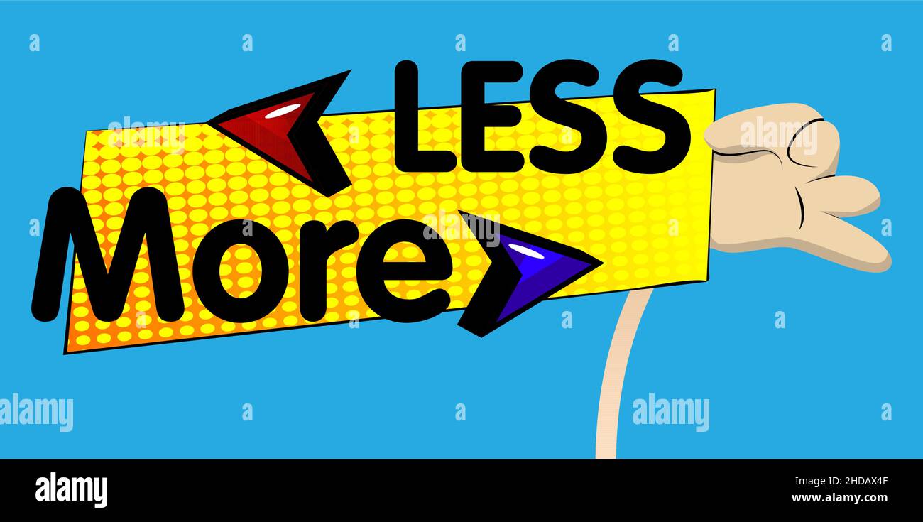 Hand holding banner with More and Less text with arrow. Man showing ...