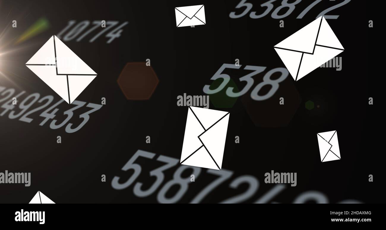 Image of floating emails over changing numbers on black background