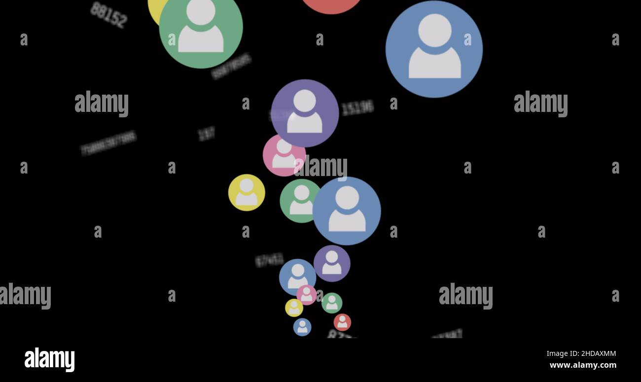 Image of use icons floating over changing numbers on black background ...