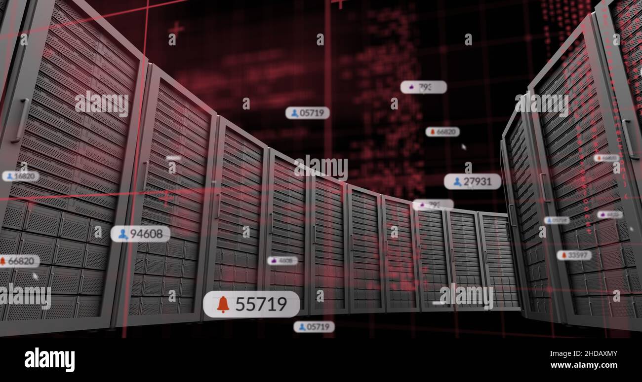 Image of data processing and media icons over server room Stock Photo ...