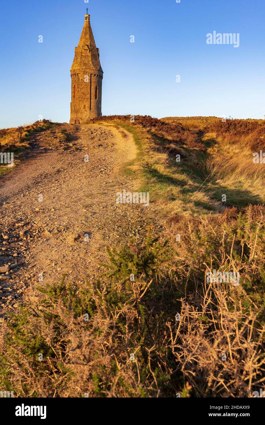 The memorial tower ontop of Hartshead Pike a hill in Tameside in ...