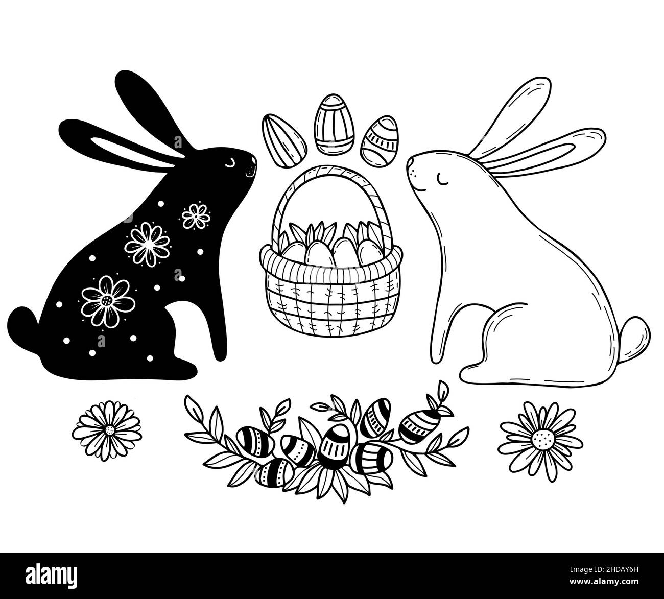 Easter set. Cute Easter bunnies with decor, Easter basket with eggs and