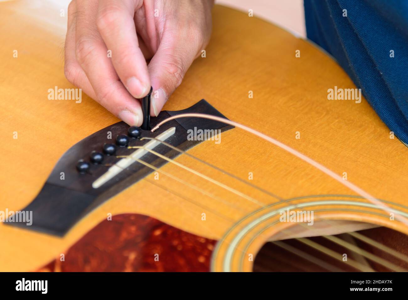 The musician replace the new guitar strings for his guitar Stock Photo