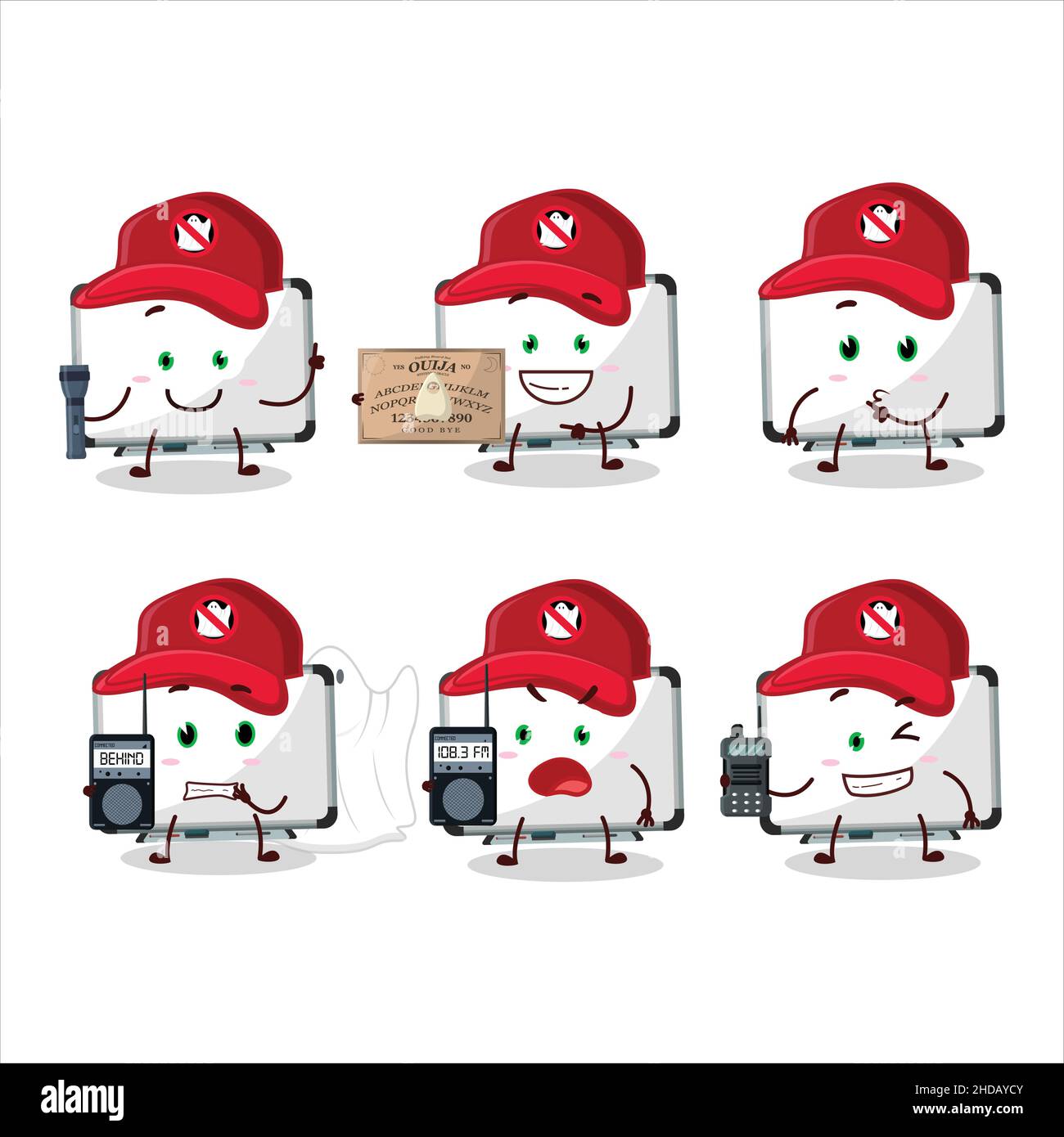 Ghost hunter cartoon white board character using camera. Vector illustration Stock Vector