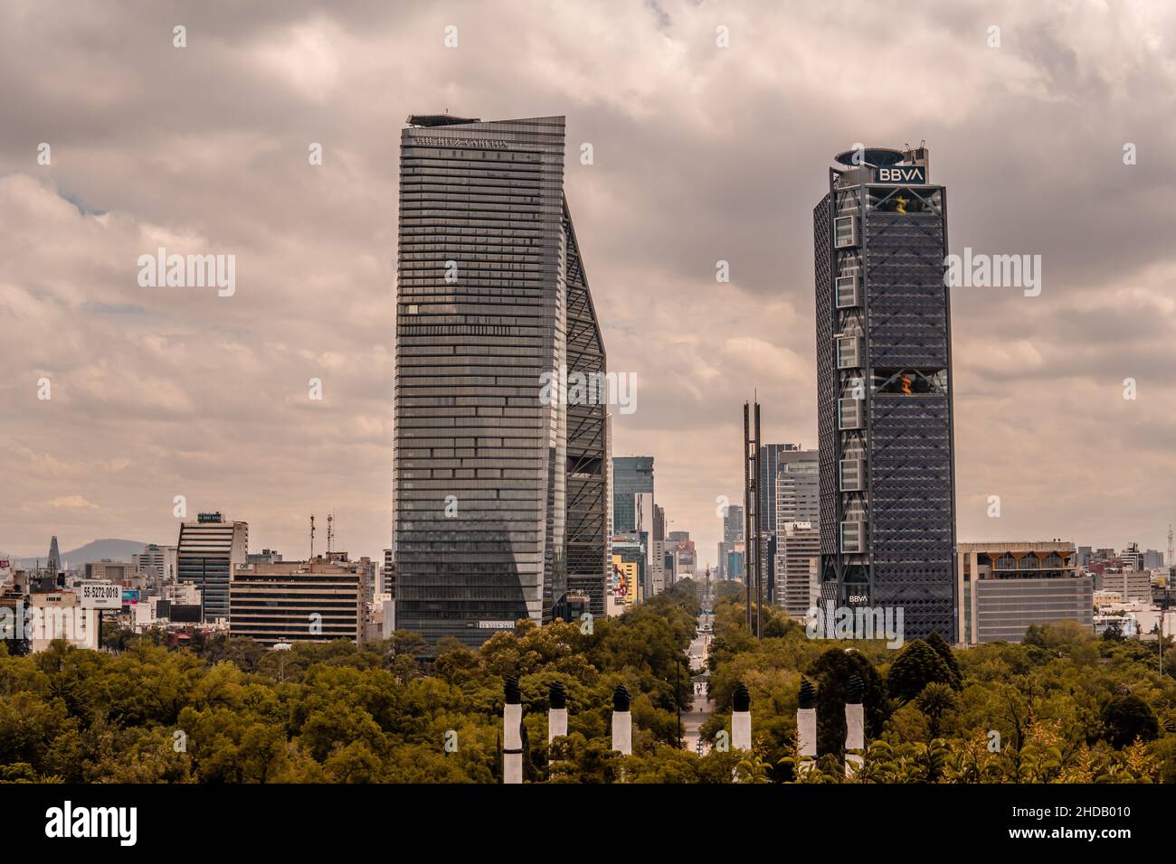Eerie scenery of thskyline of the Paseo de la Reforma seen from Chapultepec Castle on a moody day Stock Photo