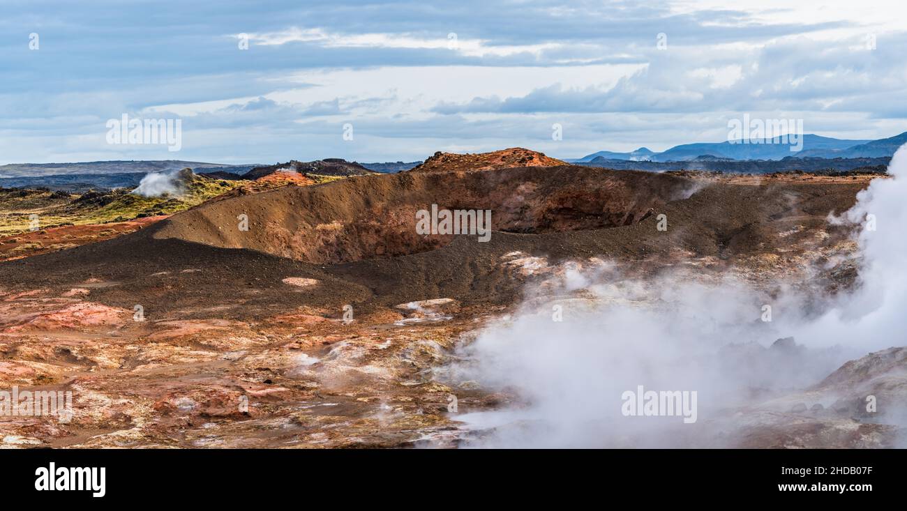 Vulcano crater and fumarola field panoramic view Stock Photo