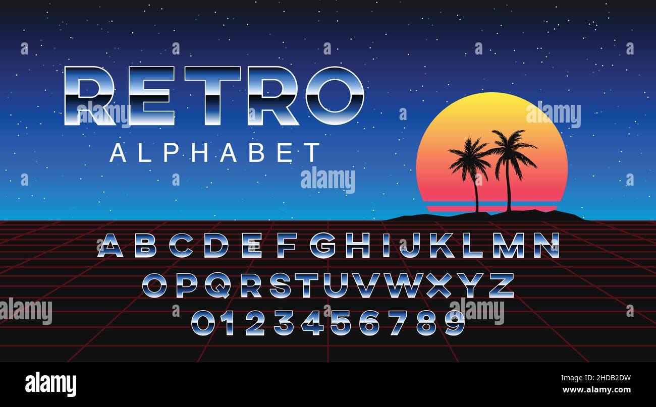 Futuristic retrowave font. Striped gradient metallic letters and numbers on space background. Sci-fi alphabet in retro 80's style. Synth Wave ABC. Stock Vector