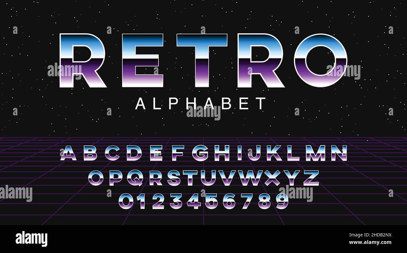 Futuristic retrowave font. Striped gradient metallic letters and numbers on space background. Sci-fi alphabet in retro 80's style. Synth Wave ABC. Stock Vector