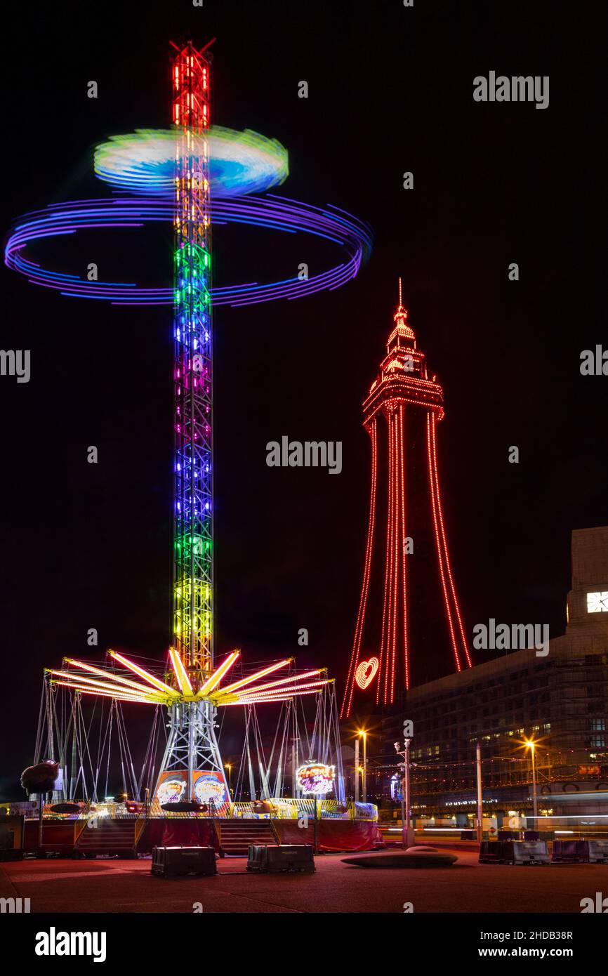 Blackpool Illuminations and Blackpool Tower - Blackpool is a large seaside resort in the county of Lancashire on the northwest coast of England. Black Stock Photo