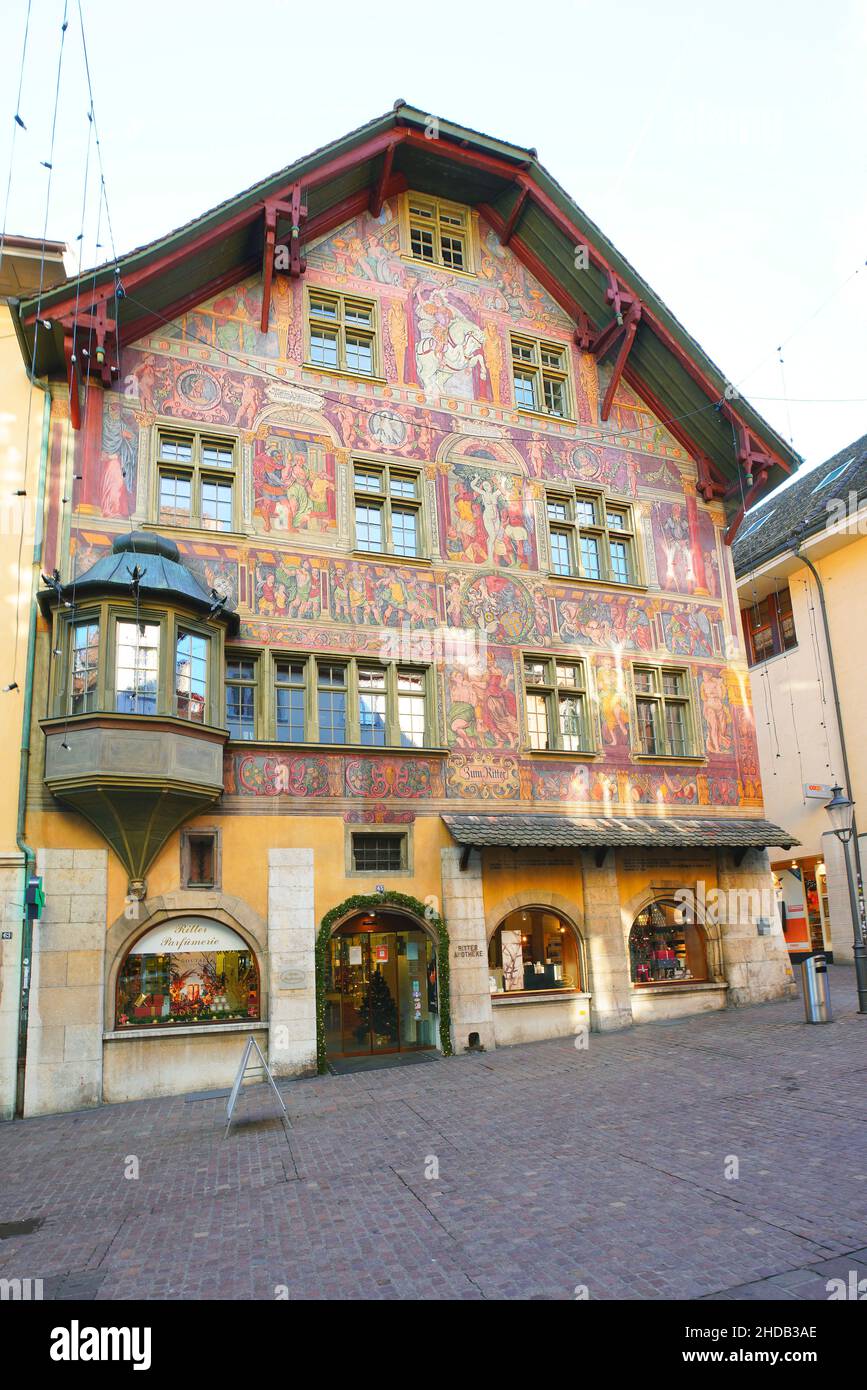 Haus zum Ritter, Notable Building in Schaffhausen. Canton of Schaffhausen, Switzerland. Swiss heritage site of national significance. The frescoes on Stock Photo
