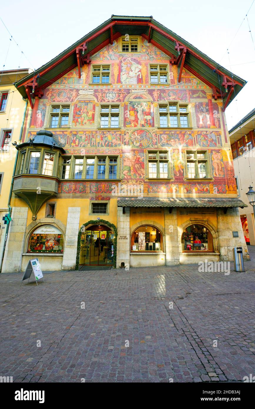 Haus zum Ritter, Notable Building in Schaffhausen. Canton of Schaffhausen, Switzerland. Swiss heritage site of national significance. The frescoes on Stock Photo