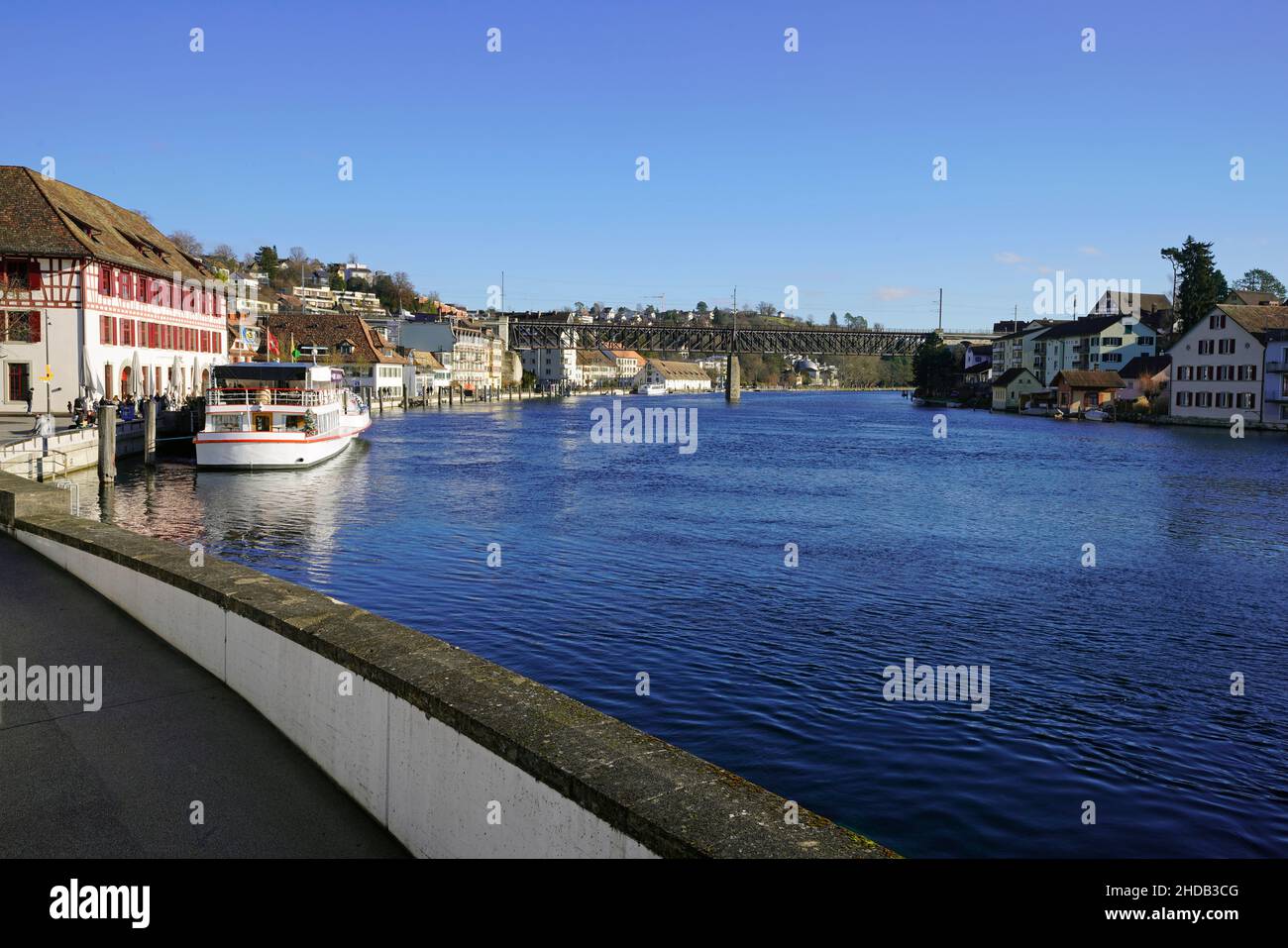 The shipping area (Schifflände) by Rhein river in Schaffhausen. Canton of Schaffhausen, Switzerland. Stock Photo