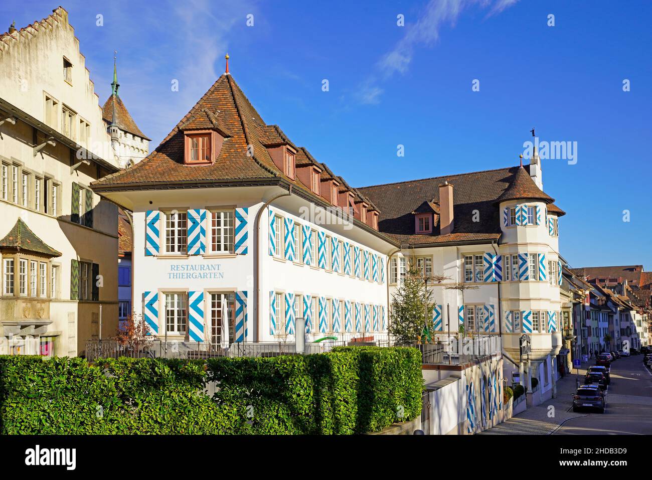 Thiergarten, built after the Reformation of 1529. In 1622 addition of the Renaissance south wing with the oriel turrets, Schaffhausen, Switzerland. Stock Photo
