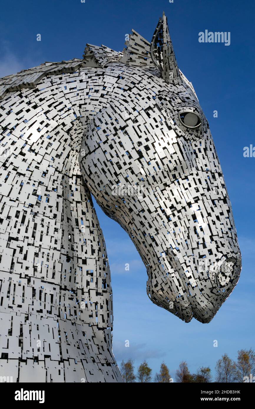 The Kelpies in Falkirk, Scotland. Two 30m high (98ft) horsehead