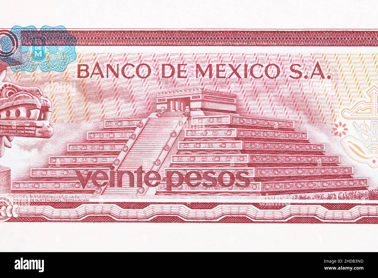 Pyramid of the god Quetzalcoatl from old Mexican money - Pesos Stock Photo
