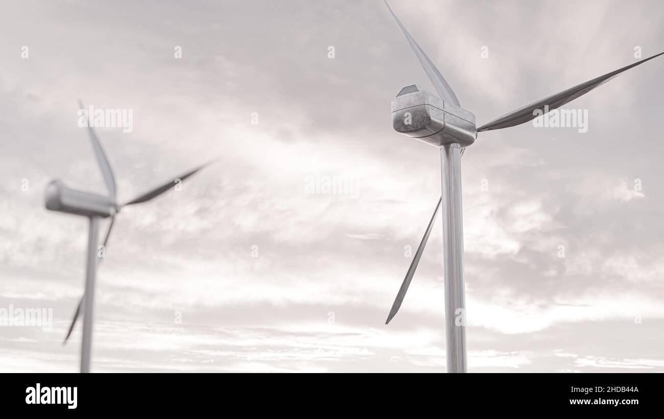 wind turbine towers under a cloudy sky 3d illustration Stock Photo - Alamy