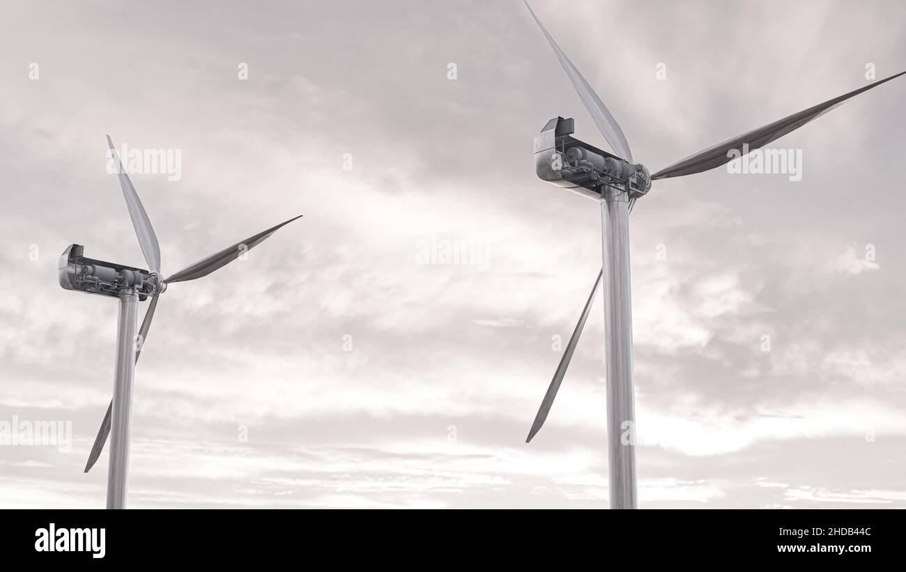 wind turbine towers under a cloudy sky 3d illustration Stock Photo - Alamy