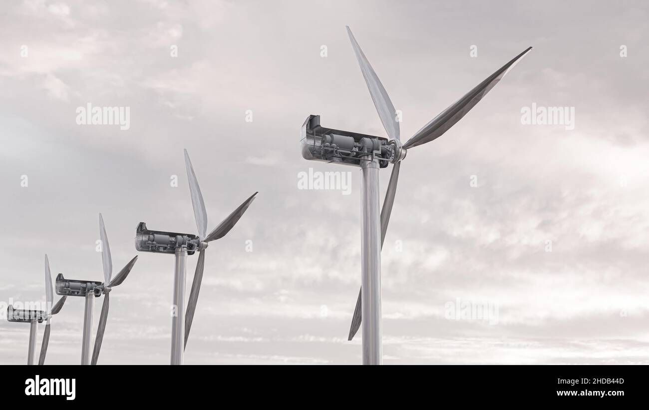 wind turbine towers under a cloudy sky 3d illustration Stock Photo - Alamy