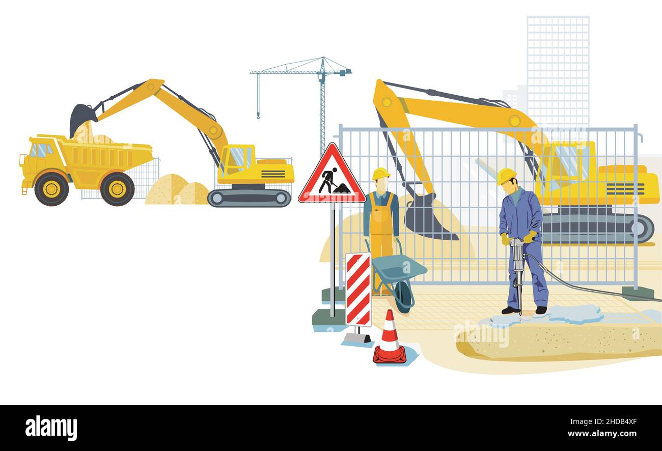 Construction site with construction workers and excavators, illustration Stock Vector