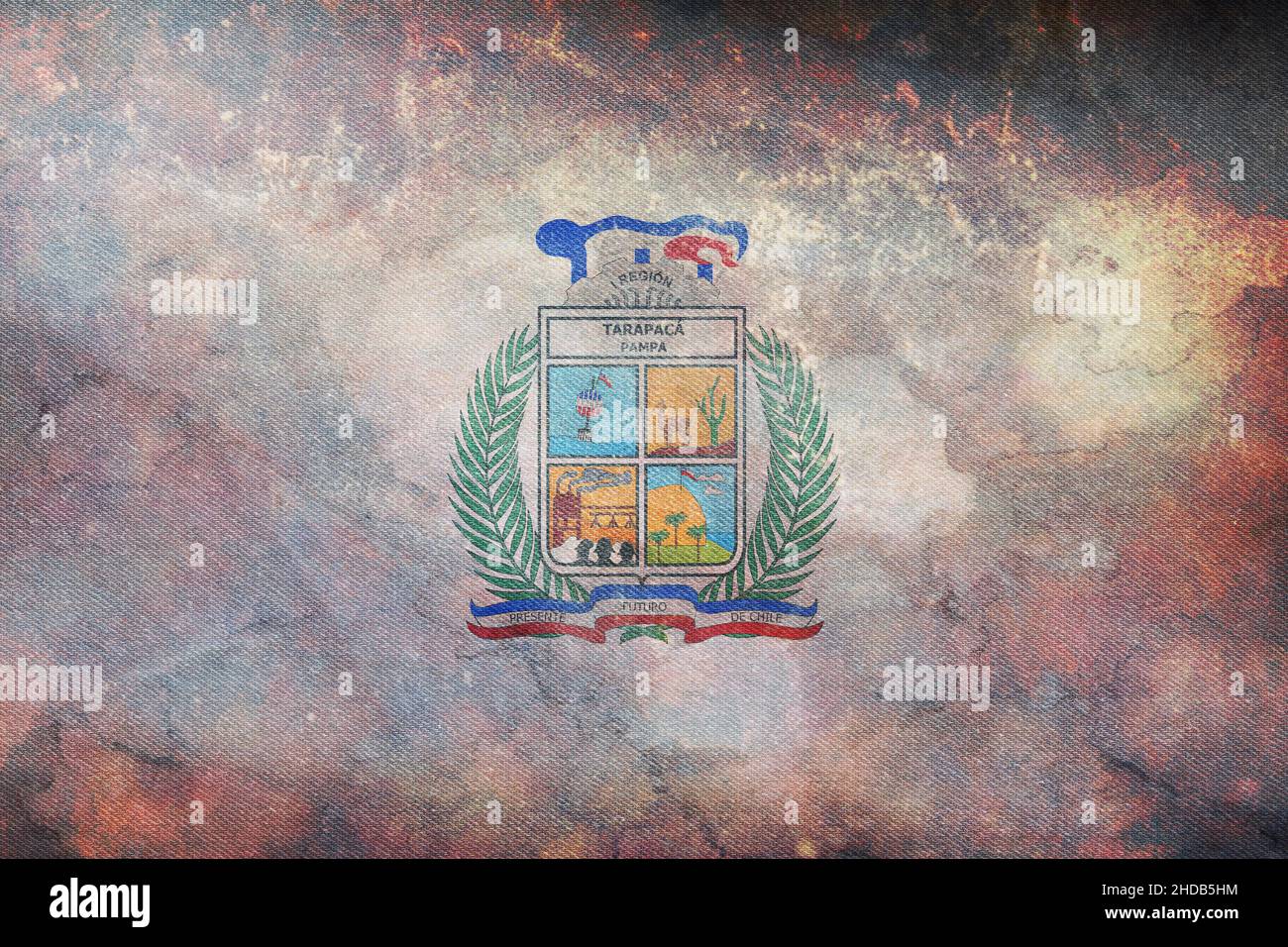 Top view of flag Tarapaca, Chile. retro flag with grunge texture. Chilean travel and patriot concept. no flagpole. Plane design, layout. Flag backgrou Stock Photo