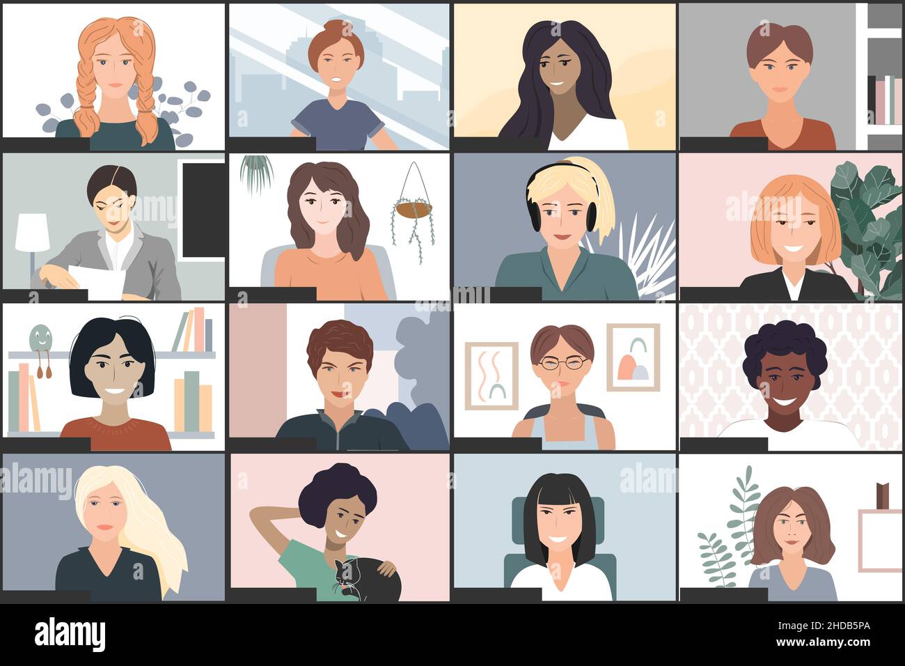 Screen of woman videoconference application. Vector illustration of online meeting of studying, chatting or working distantly from home. Computer Stock Vector