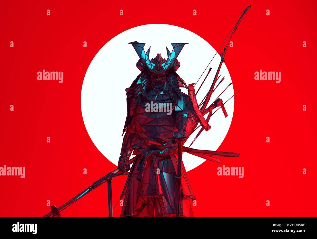 Silver Japanese Samurai Cyber Punk Warrior Polygon Form with Large White Sphere Sun with Red Background Futuristic Silhouette 3d illustration 3d Stock Photo
