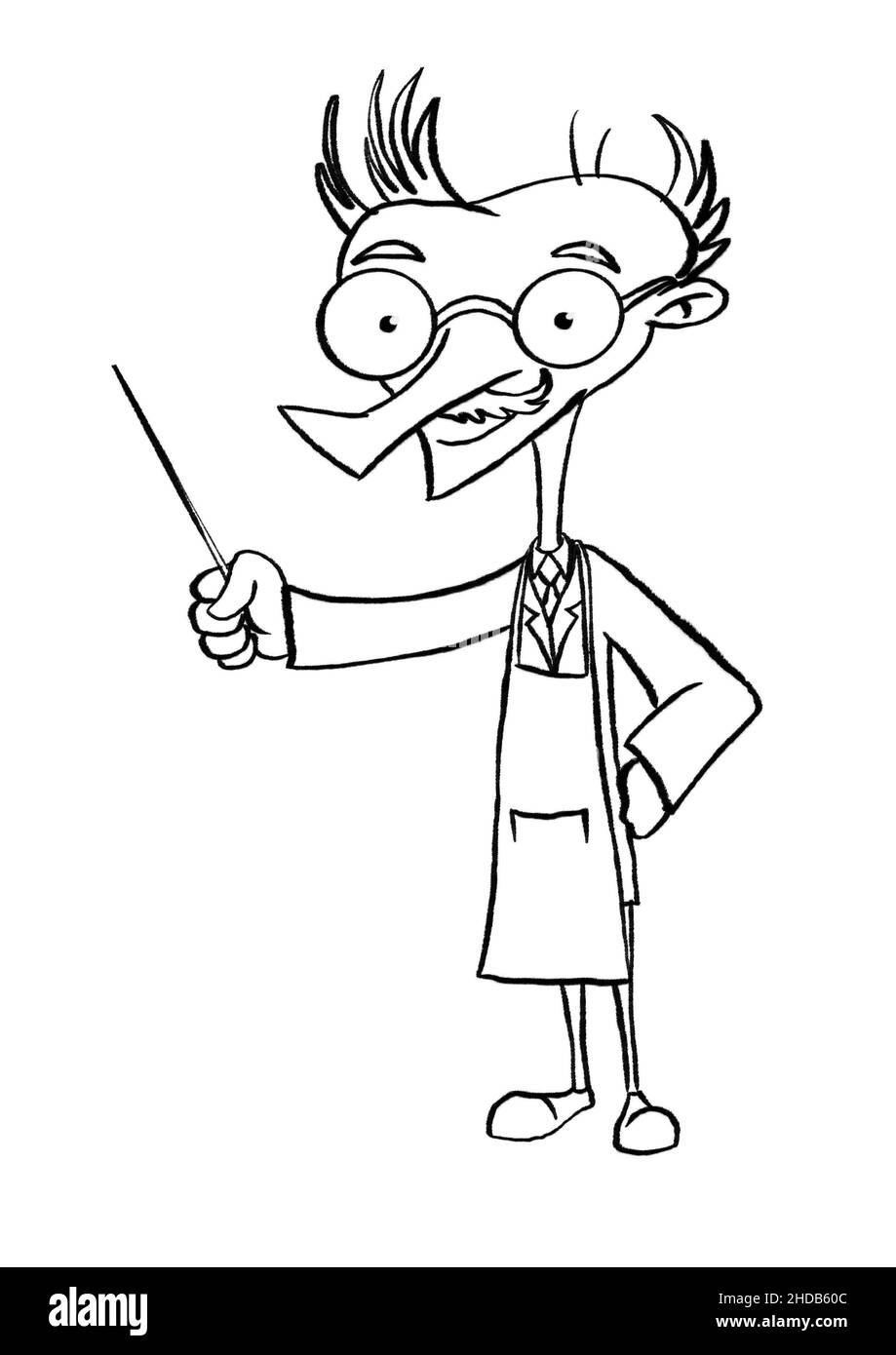 a scientist gesturing with a pointer hand drawn character illustration Stock Photo