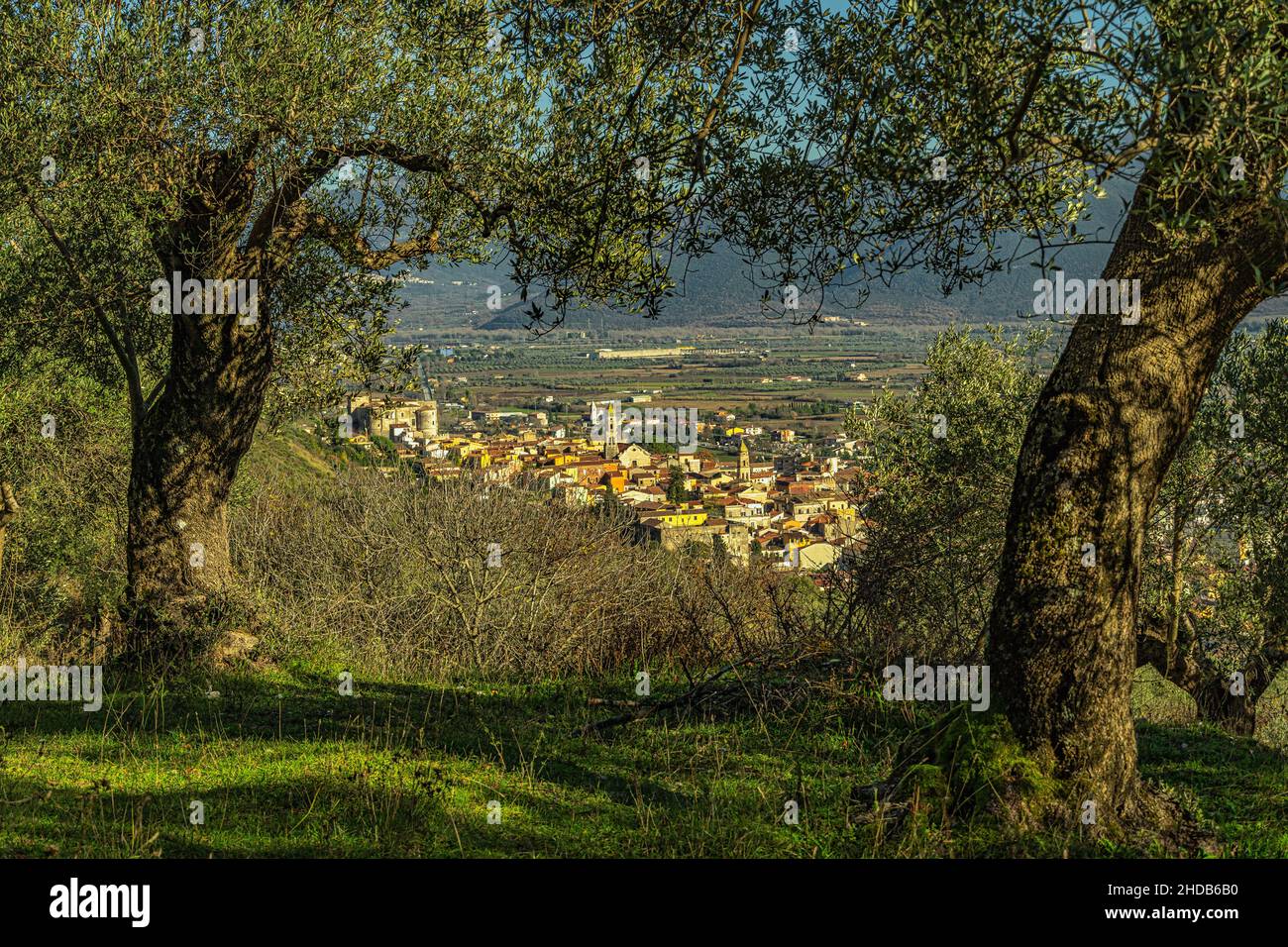 The ancient Molise city of Venafro. Photographed from the natural reserve of the Parco dell'Olivo. Venafro, Isernia province, Molise, Italy, Europe Stock Photo