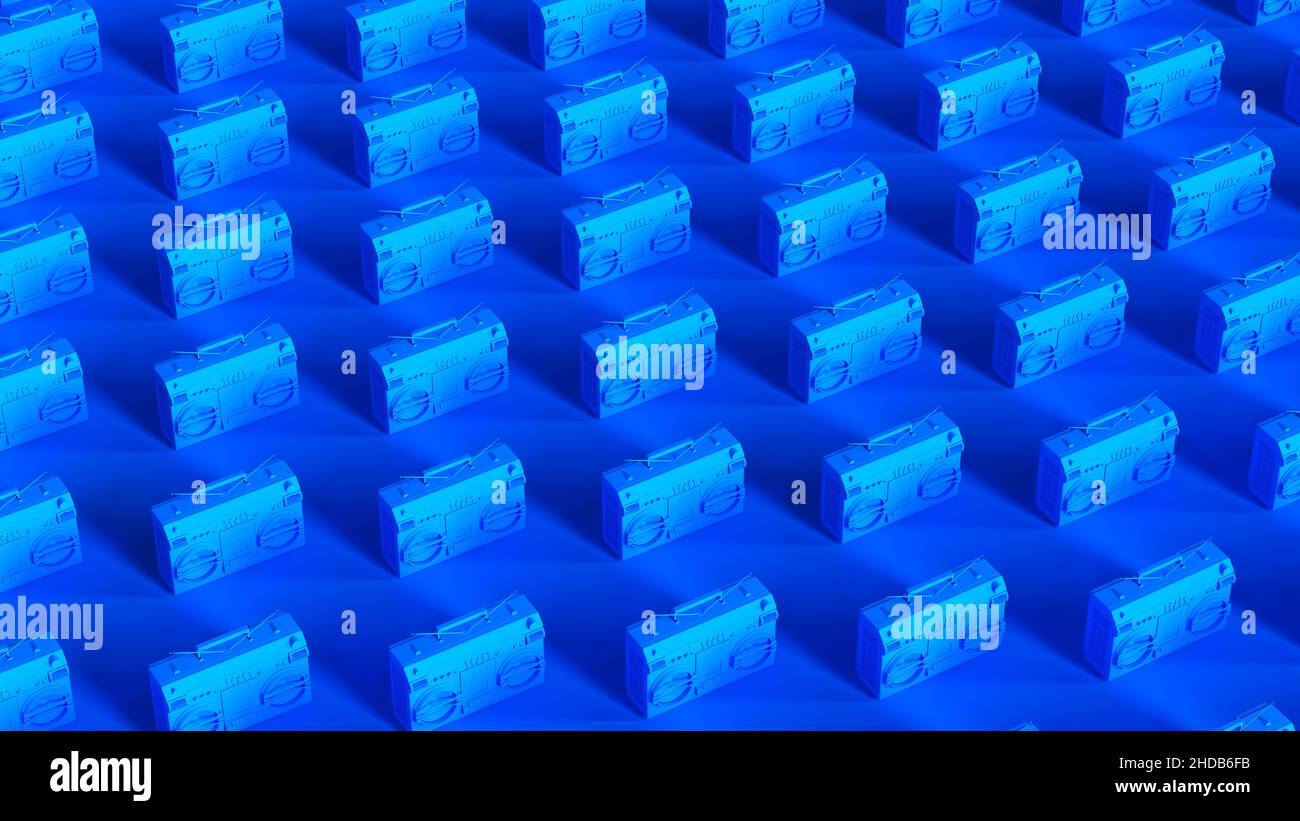Blue Boombox Grid Pattern 80's Style Cassette Player Ghetto Blaster Stereo Vibrant Retro Technology 3d illustration render Stock Photo