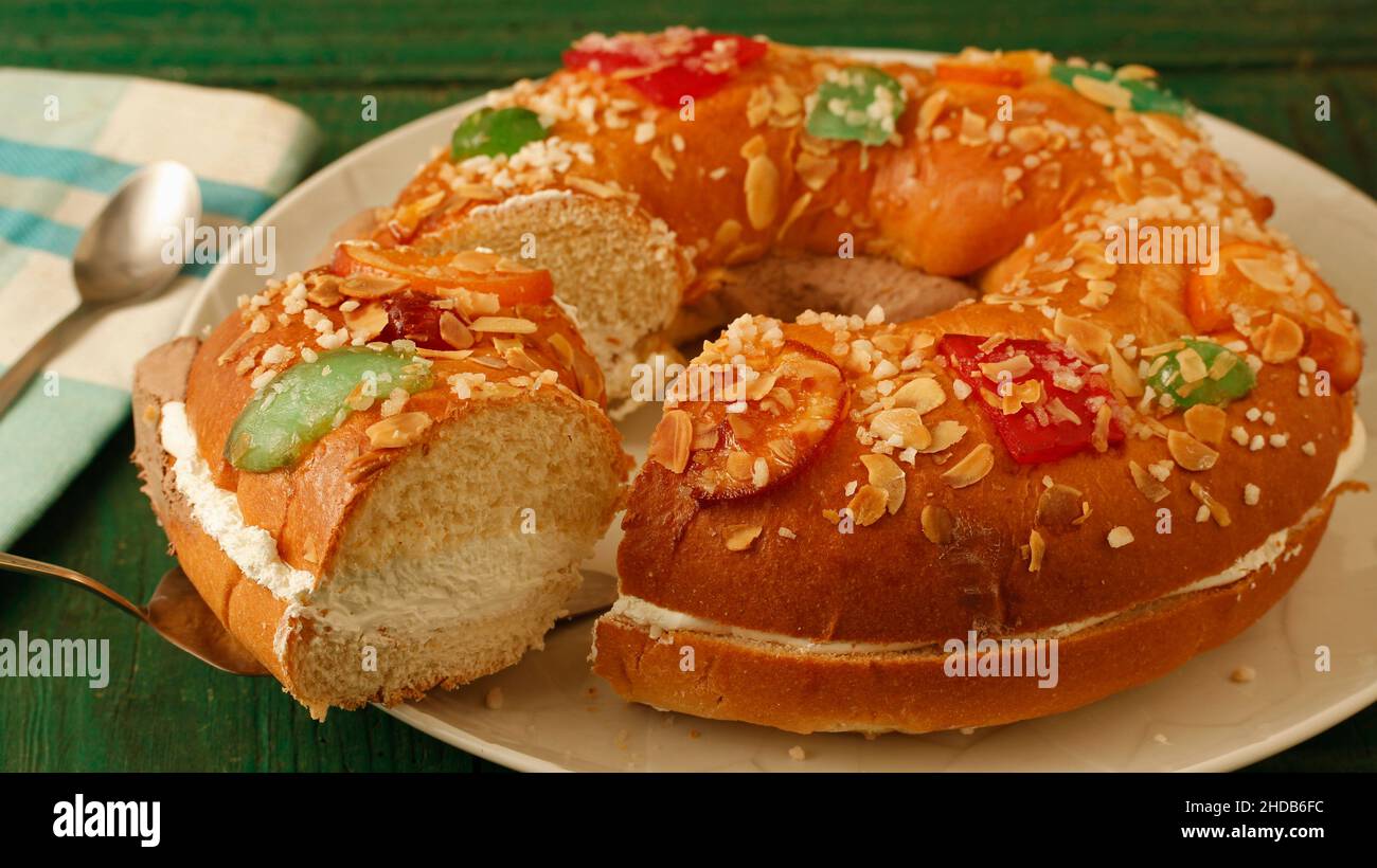 Roscón de Reyes. Typical epiphany dessert from Spain. Stock Photo