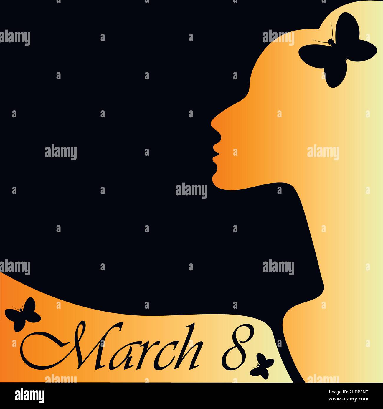 Illustration on a square background - International Women Day on March 8, feminism. Elegant female profile, monochrome. Design element of books, notebooks, postcards, interior items. Holiday, congratulations, gift Stock Vector