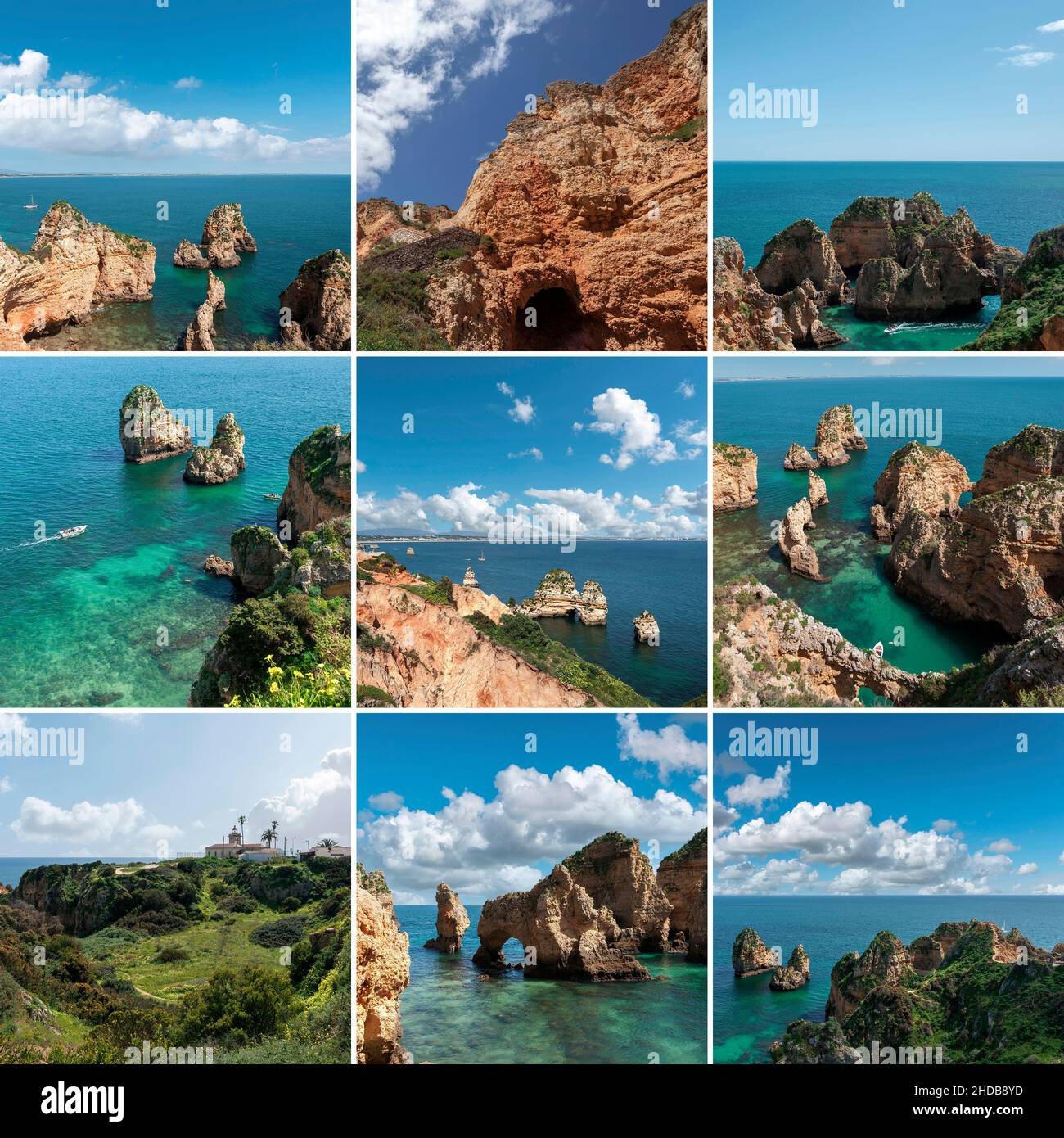 Collage with different views of the rocky coast Ponta da Piedade in Lagos in the Algarve in Portugal Stock Photo