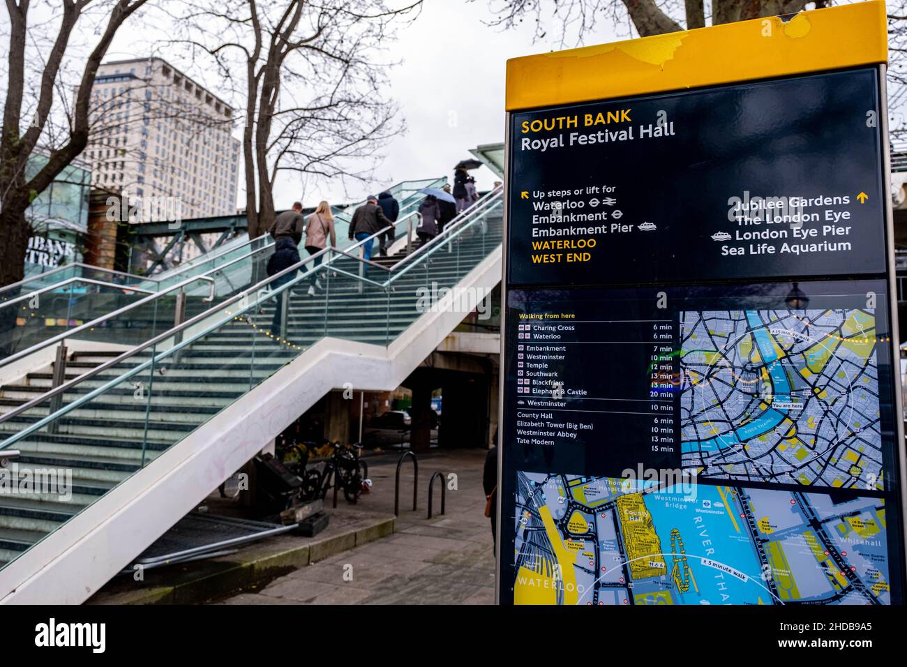 London England UK January 02 2022, People Climbing Stairs Next To Royal Festival Hall Tourist Route Map Southbank London Stock Photo